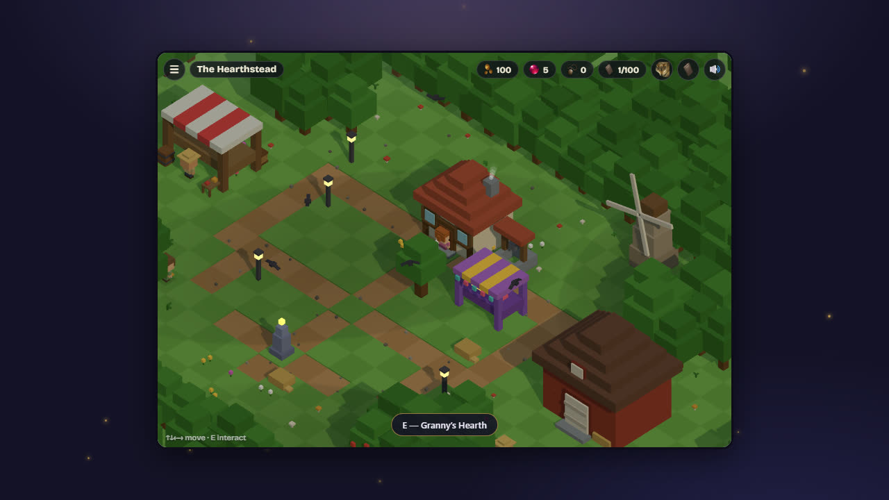 The Hearthstead — a voxel village of cottages, a market stall and a windmill