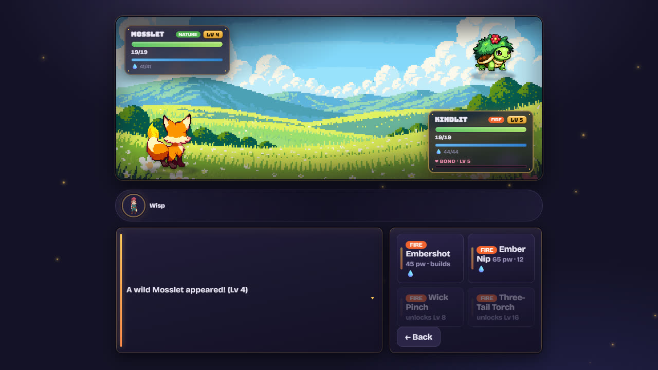 A turn-based battle — Kindlit facing a wild Mosslet with the ability menu open