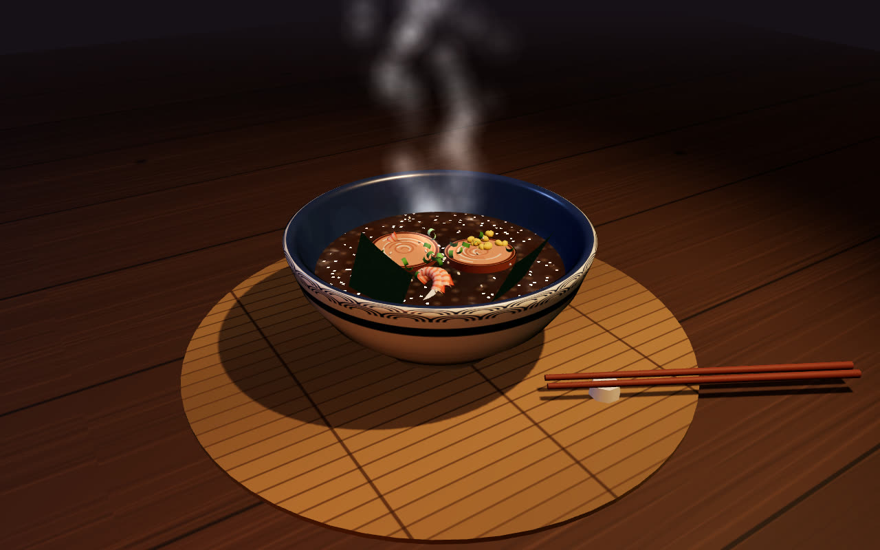 Ramen — The end of the bowl — noodles gone, garnish drifting in the broth