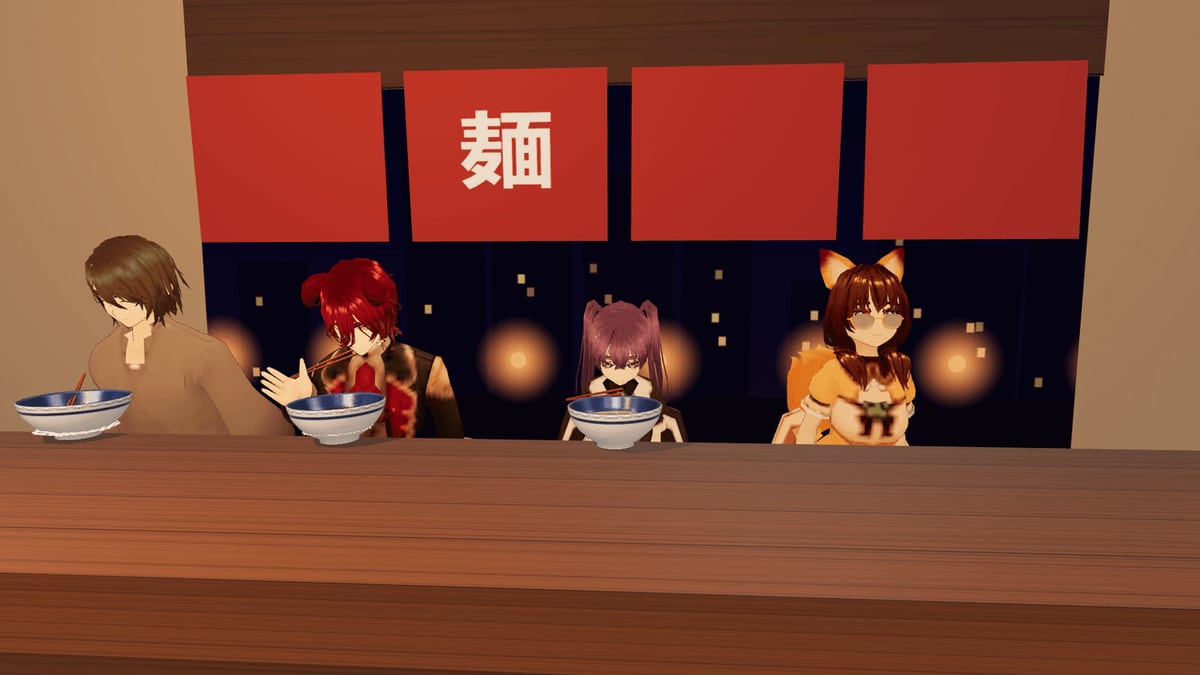 Ramen Shop Simulator — Guests eating at the counter under a red noren, night street beyond