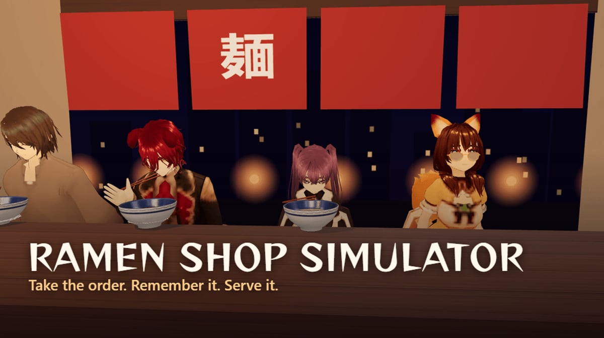 Ramen Shop Simulator key art — guests eating at a late-night ramen counter under a red noren